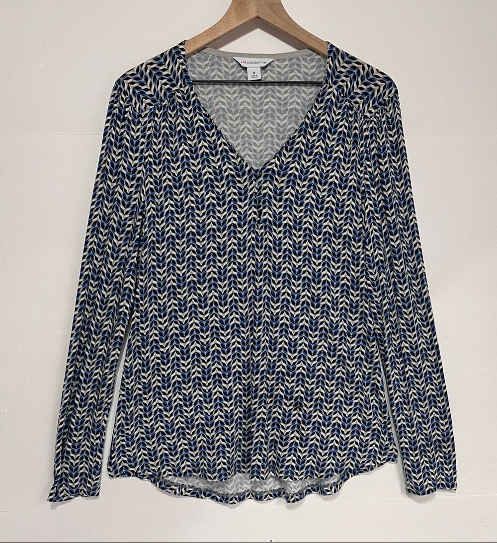 Liz Claiborne Black,Blue And Tan Geometric Shapes Long Sleeve Top   Size M